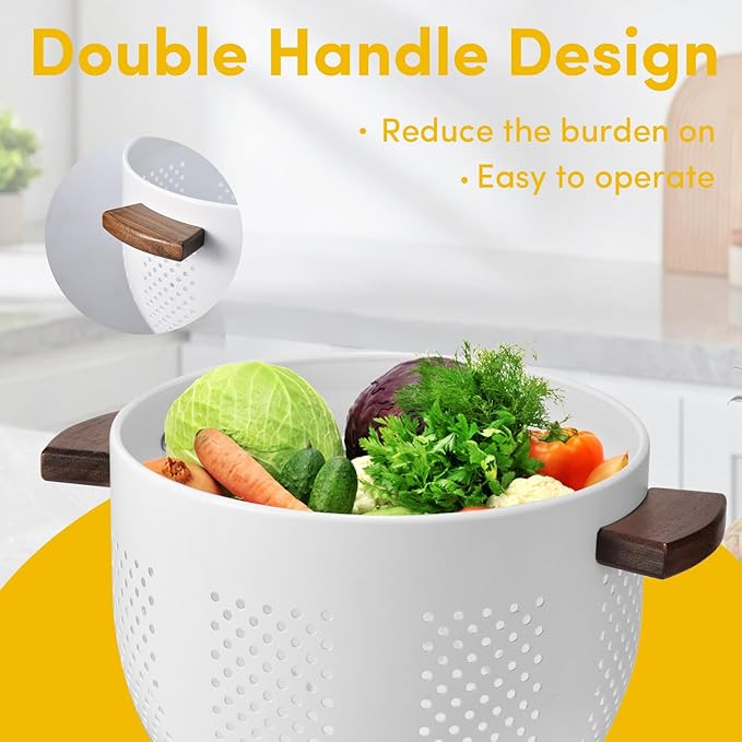 Metal Colander with Wood Handle & Self-Draining Base | 5.8QT Large Pasta Strainer for Kitchen | Scratch-Resistant Powder Coated Steel Basket for Vegetables, Fruit, Berries (White)