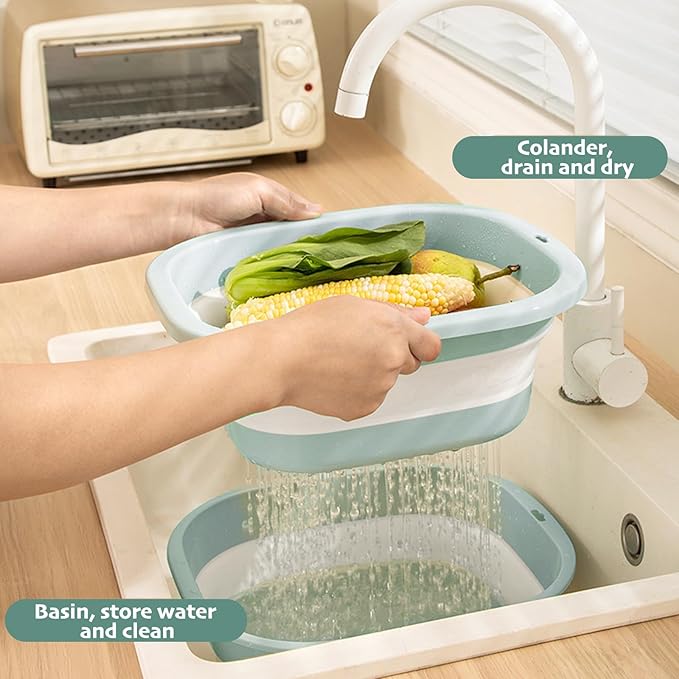 Collapsible Colander and Sink Basin Set 8 QT - 2 Pack Set Collapsible Strainer with Collapsible Wash Basin for Kitchen, RV Camping, Foldable Fruit Vegetable Washing Basket, 8 QT, Blue