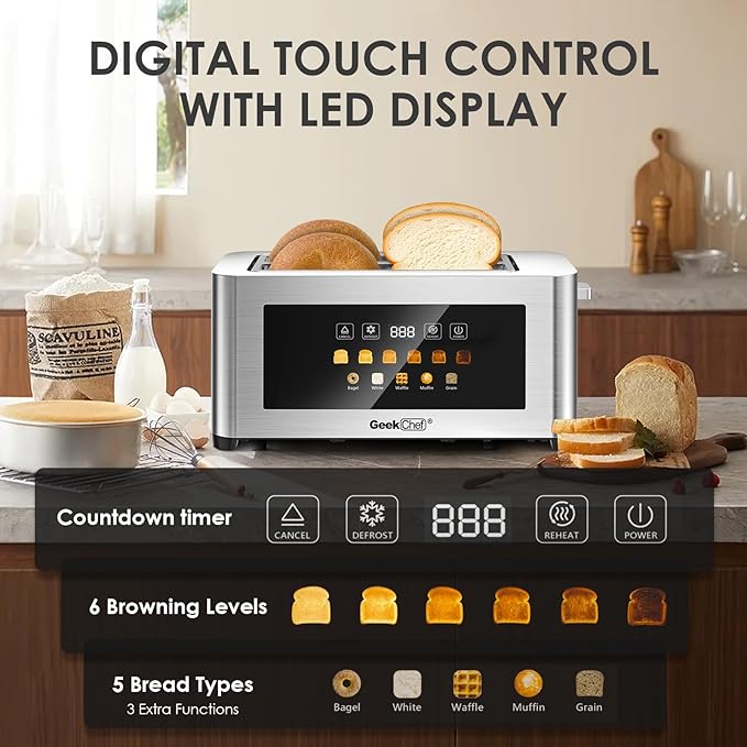 Geek Chef Touch Screen Toaster 4 Slice, 1.5" Extra Wide Slots for Bagels & Waffles, 6 Browning Levels, Timer, Reheat, Defrost, Cancel Function, Auto Shut-Off, Removable Crumb Tray, Stainless Steel