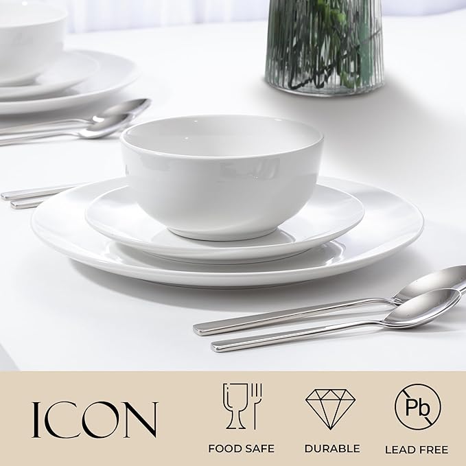 Zulay Kitchen Icon Porcelain Dinnerware Set, Service For 6 - Chip & Scratch Resistant White Plates And Bowls Sets - Microwave & Dishwasher Safe - White