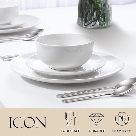Zulay Kitchen Icon Porcelain Dinnerware Set, Service For 6 - Chip & Scratch Resistant White Plates And Bowls Sets - Microwave & Dishwasher Safe - White