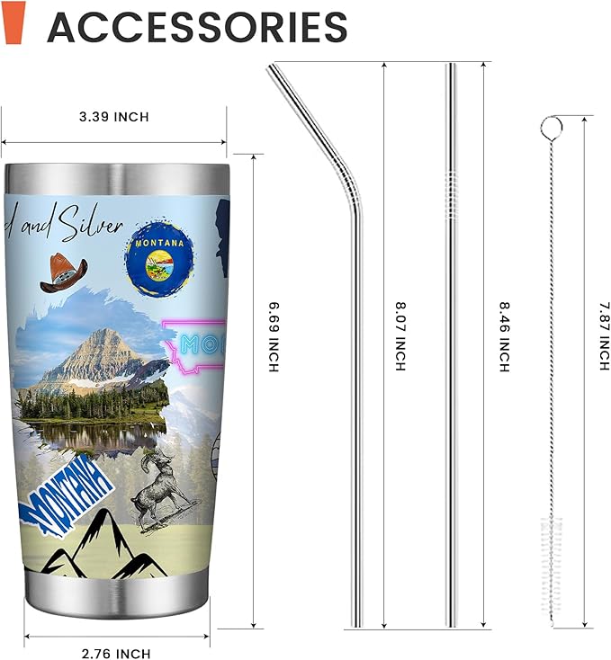 20oz Insulated Tumbler Montana State Coffee Mug, United States Map Travel Mug Landmark, Birthday Gifts Cute Custom Tumbler Cups with Lid and Straw Gifts for Mom