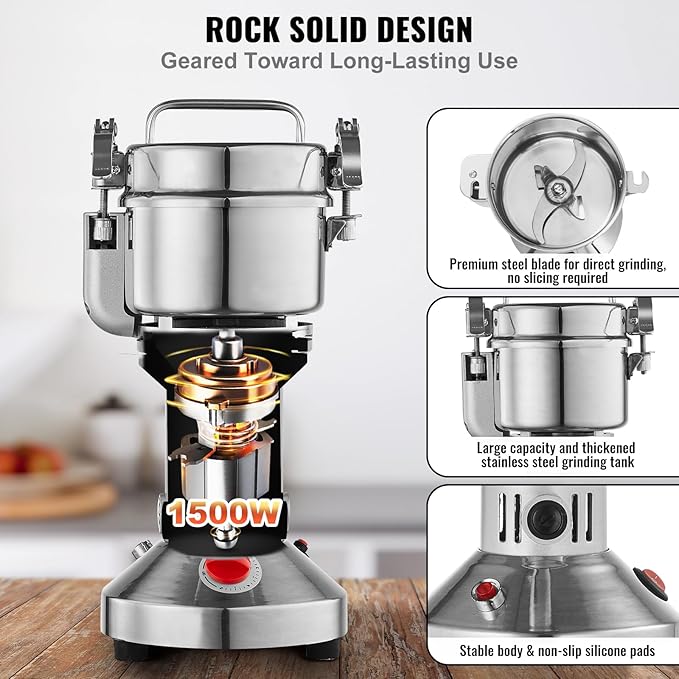 VEVOR 300g Electric Grain Mill Grinder, High Speed 1500W Commercial Spice Grinders, Stainless Steel Pulverizer Powder Machine, for Dry Grains Spices Cereals Coffee Corn Pepper, Straight Type