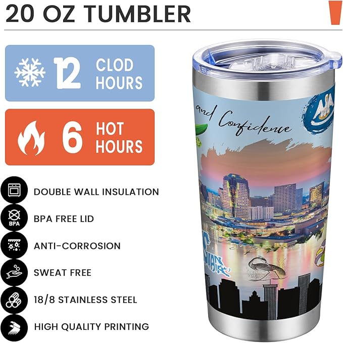 20oz Insulated Tumbler Louisiana State Coffee Mug, United States Map Travel Mug Landmark, Birthday Gifts Cute Custom Tumbler Cups with Lid and Straw Mothers Day Gifts