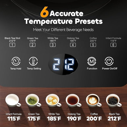 Electric Tea Kettle with Infuser Temperature Control and Automatic Shut Off 24 H Keep Warm for Coffee Water Heater and Tea Pot Glass Black 1.5L