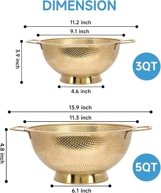 2PCS Gold Strainer for Kitche, 3QT and 5QT, Stainless Steel Colander with Handle for Fruits Vegetables Cooking Food, Dishwasher Safe