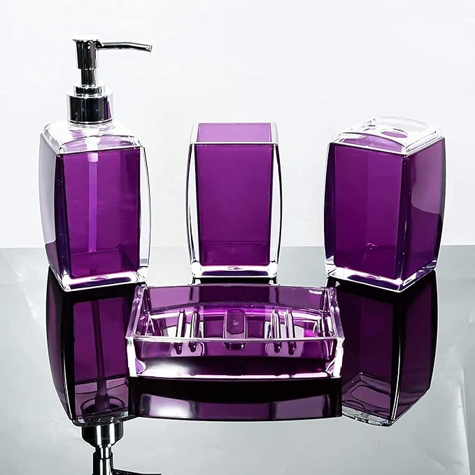 Bathroom Accessories Set,4 pcs Acrylic Bathroom Accessory Set with Soap Dispenser,Soap Dish, Toothbrush Holder, Tumbler, Modern Bathroom Accessories Decor,Gift for Home (Purple)