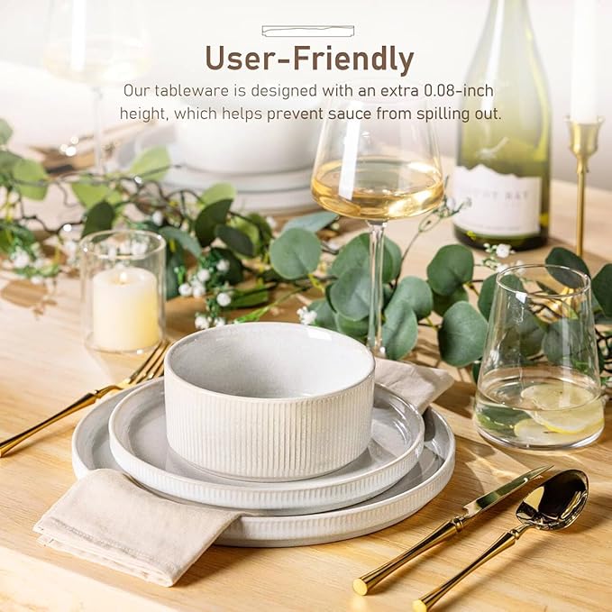 GBHOME Stoneware Dinnerware Sets for 4, Round Reactive Glaze Ceramic Plates and Bowls Set, Highly Scratch Resistant | Dishwasher & Microwave Safe ，Service for 4(12Pcs),Sugar White