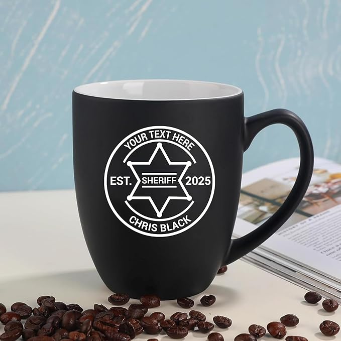 Personalized Coffee Mug with Sheriff Badge for Law Enforcement, Custom Name and Number, 16oz Engraved Coffee Cup, Custom Sheriff Gift For Men Dad Father's Day PD Police Officer