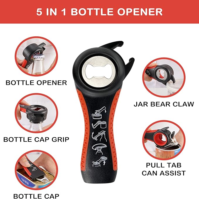 Jar Opener for Weak Hands, Easy Twist Jar Opener For Seniors with Arthritis, 5 in 1 Multi Function Bottle Opener Lid Opener For Arthritic Hands with Non Slip Rubber Jar Gripper Pad (Red)