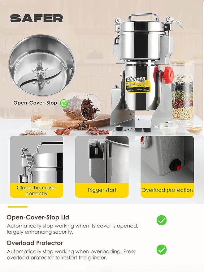 CGOLDENWALL 300g Electric Grain Grinder Mill Safety Upgraded 1500W High-speed Spice Herb Grinder Commercial Superfine Grinding Machine Dry Cereals Pulverizer CE 110V (300g Swing Type)