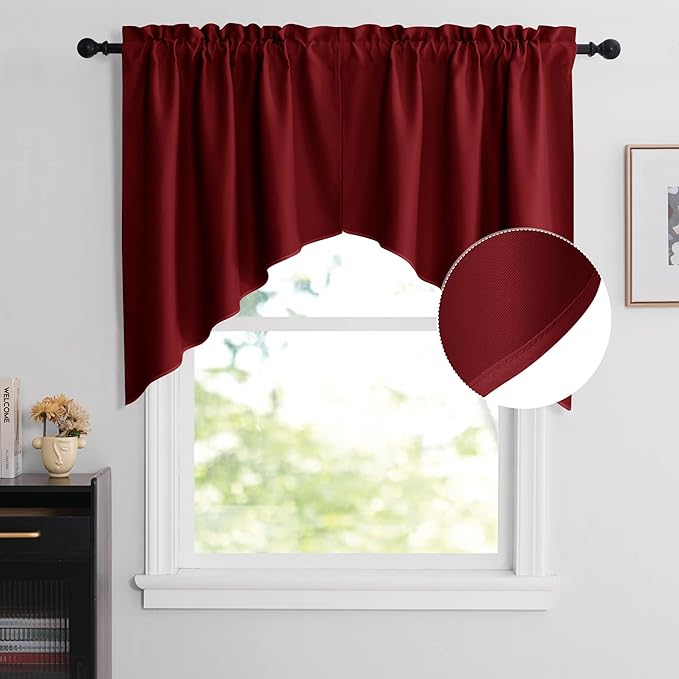 NICETOWN Blackout Pole Pocket Kitchen Tier Curtains- Tailored Scalloped Valance/Swags for Living Room/Home Decor/Thanksgiving (One Set, 36" W X 36" L Each Panel, Burgundy)