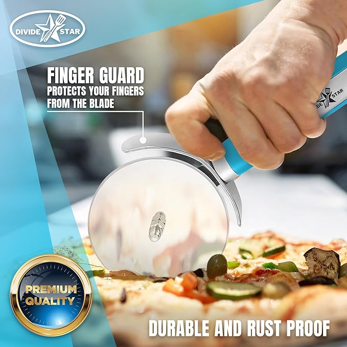 Pizza Cutter Wheel 4” – Sharp Stainless Steel Blade for Effortless Slicing – Ergonomic Grip, Dishwasher Safe – Professional Pizza Slicer for Thick Crust, Flatbreads, Dough – DIVIDESTAR (Blue)