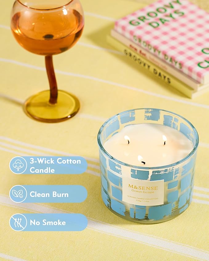 M&SENSE Ocean Escape Scented Candle,11.6oz Natural Soy Wax Non Toxic for Home, 3 Wick Jar Candle, Up to 60 Hours Burn time,Relaxing Aromatherapy Gifts for Women