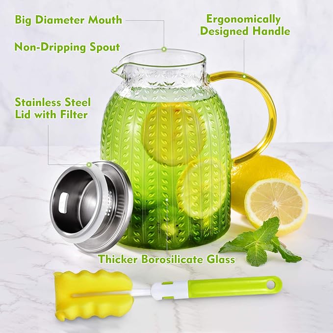 Aofmee 60oz Glass Pitcher, Water Pitcher with Lid, Iced Juice Jugs for Fridge, Glass Carafe for Cold or Hot Beverages, Sun Tea Jar, Easy Clean Heat Resistant Jug for Milk