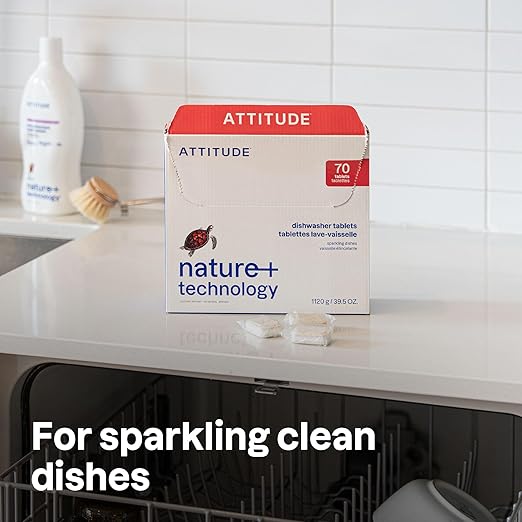ATTITUDE Dishwasher Pods, Plant-Based & Vegan, Phosphate-Free Detergent Tablets, Naturally Derived, Unscented, 70 Count (Pack of 6)