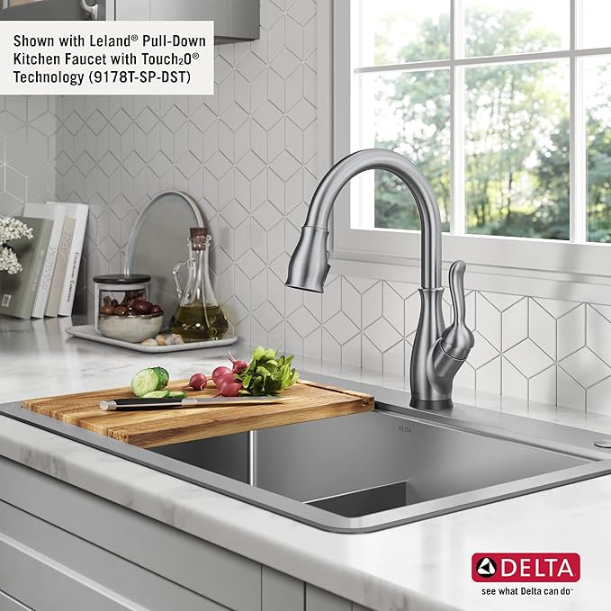 DELTA FAUCET 95A9032-T33D-SS Lorelai Workstation Kitchen Sink Drop-In Top Mount 16 Gauge Stainless Steel Double Bowl with WorkFlow Ledge and Chef’s Kit of 8 Accessories, 33 Inch