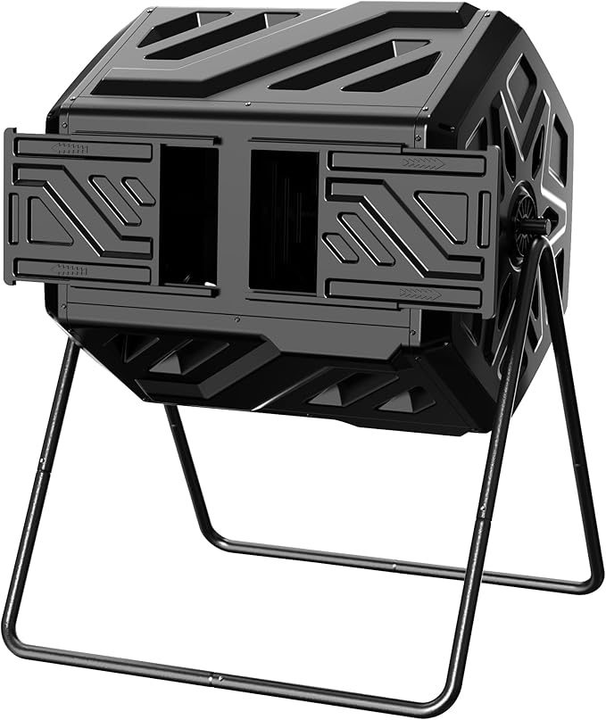 43 Gallon Compost Bin with Gloves, Fast Assembly & Easy Setup Outdoor Compost Tumbler, Updated Dual Chamber Tumbling Composter for for Garden, Kitchen, and Yard Waste, Black