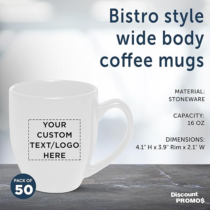 Custom Large Coffee Cups 16 oz. Set of 50, Personalized Bulk Pack - Perfect for Tea, Espresso, Cappuccino, Hot Cocoa - White