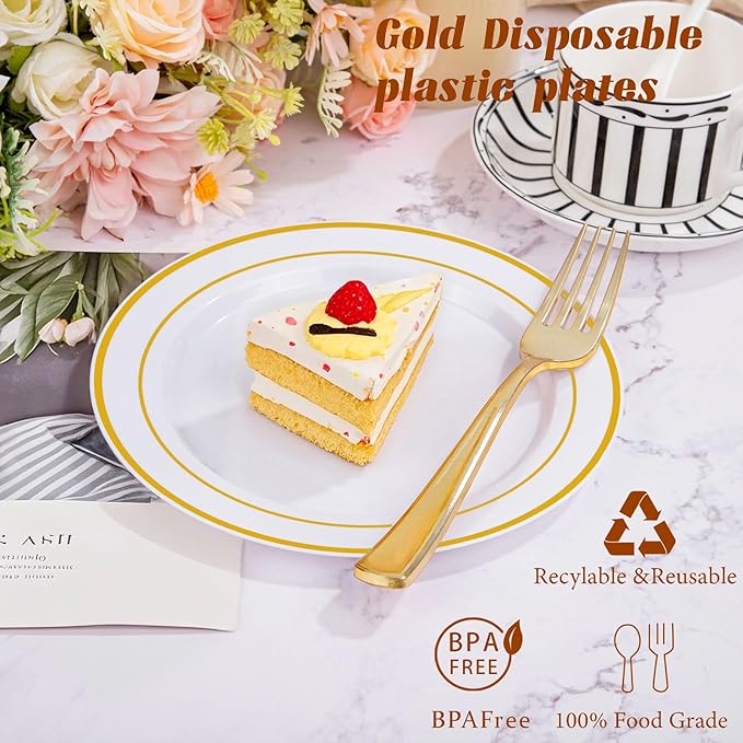 Supernal 102pcs White and Gold Plastic Plates Disaposable Party Plates White Gold Rim Heavy duty, Fancy Gold Plastic Dinnerware Set included 51 Dinner & Dessert Plates for Party,Birthday and Wedding