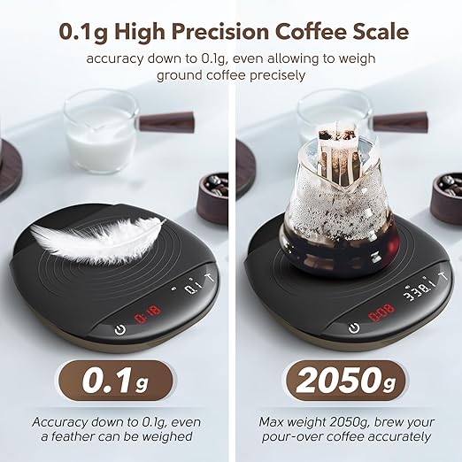 Mini Coffee Scale with Timer - Digital Espresso Scale 2kg/0.1g Accuracy Pour Over Coffee Rechargeable Down to 0.1g High Precision for Kitchen Food Weighing Measuring Baking Brown