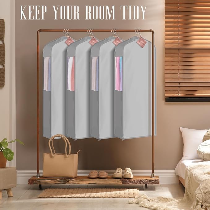 40" Cotton Garment Bag for Hanging and Storage Clothes with 4 Cedar Blocks for Fresh Smell and Moth Protection, Breathable Hanging Storage Bag for Suit Sweater Gown Fur Coat, 6'' Wide, Gray