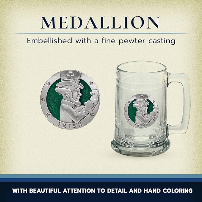 Heritage Pewter Irish Fighter Beer Stein Glass | 15 Ounce German-Style Beer Glass | Intricately Crafted Metal Pewter Alma Mater Inlay