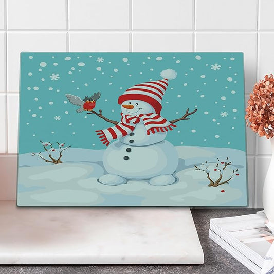 Ambesonne Snowman Cutting Board, Winter Time Snow Silhouette with a Bird and Branches Happy Christmas Design, Decorative Tempered Glass Cutting and Serving Board, Large Size, Aqua Blue