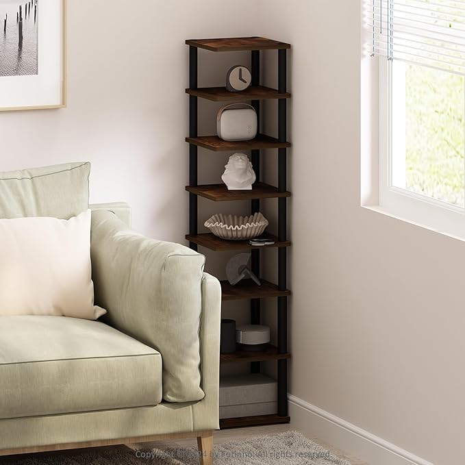 Furinno Turn-N-Tube Corner Shelf, 8-Tier Display Rack, Vertical Corner Storage Rack, Space Saving Organization and Storage, Entryway, Living Room, Closet, Amber Pine