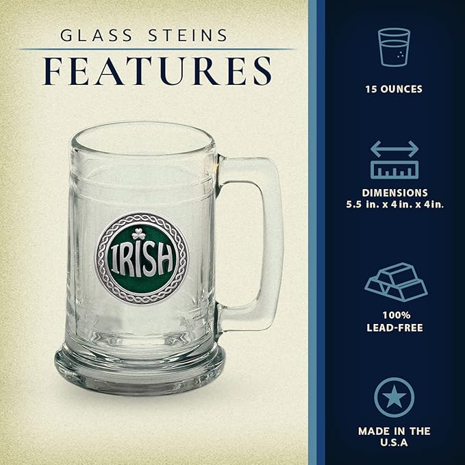 Heritage Pewter Irish Beer Stein Glass | 15 Ounce German-Style Beer Glass | Intricately Crafted Metal Pewter Alma Mater Inlay