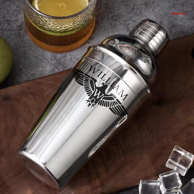 Personalized Cocktail Shaker 24oz - Custom Stainless Steel Bar Kit with Engraved Name, Built-in Strainer & Measuring Jigger & Spoon, Gift for Bartenders & Cocktail Lovers (Eagle Design)