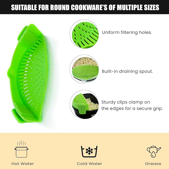 Clip On Kitchen Food Strainer for Spaghetti, Meat, Pasta, & Ground Beef Grease, Colander & Sieve Snaps or Clips Onto Bowls, Pots & Pans Includes Silicone Drainer, Brush & Garlic Peeler (Green)