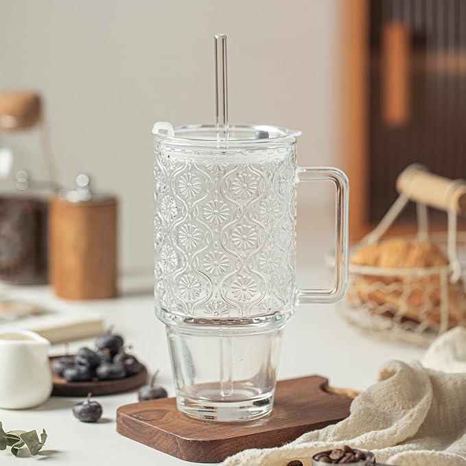 KEMORELA 24 Oz Ribbed Glass Tumblers with Lids and Straws, Tumbler Cup with Handle, Iced Coffee Glassware, Clear Reusable Drinkware for Smoothies and Beverages