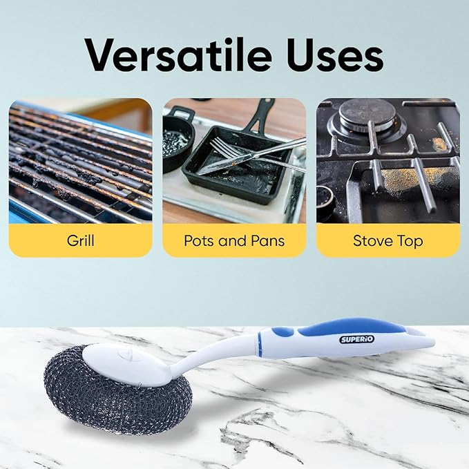 Dish Washing Vegetable Brush Scrubber with Stainless Steel Grill Brush, Scourer Sponge Brush Set with Long Handle and Rubber Grip, Non-Scratch, Kitchen Cleaning Set (2 Pack, Blue)