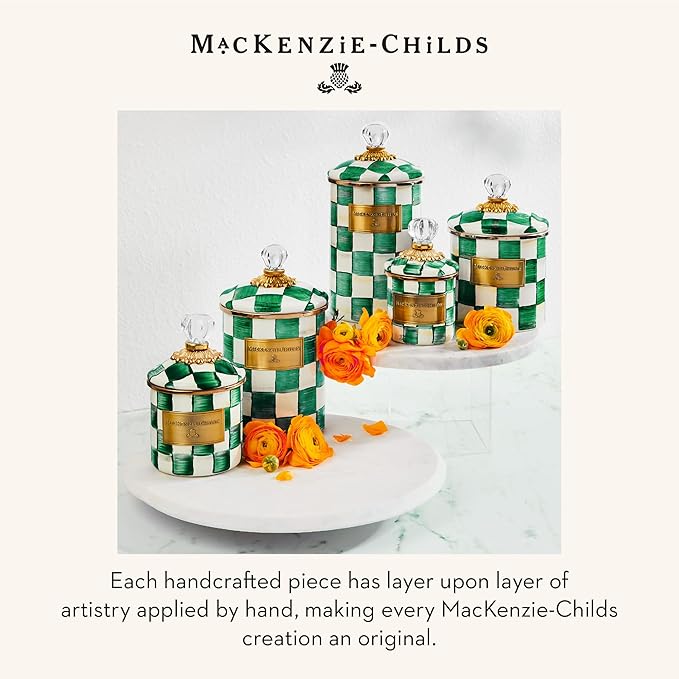 MACKENZIE-CHILDS Medium Enamel Canister, Kitchen Storage Container with Lid, Green-and-White Emerald Check