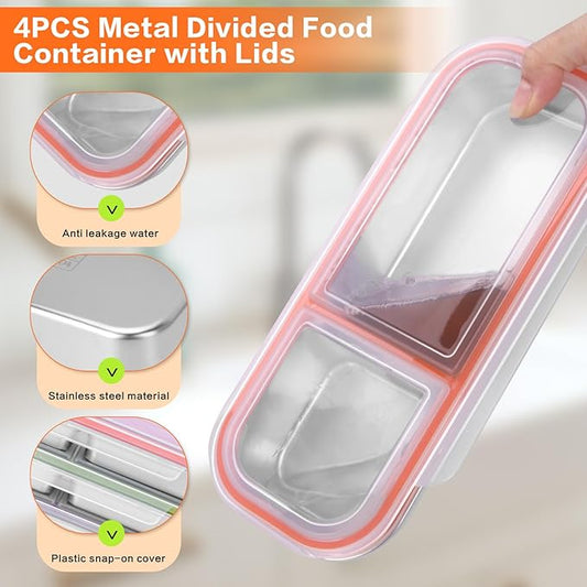 4 Pack Stainless Steel Snack Containers with Lids, 3-Compartments Reusable Lunch Box for Adults, Food Storage Containers Divided Meal Prep Box for Home, Work, Travel