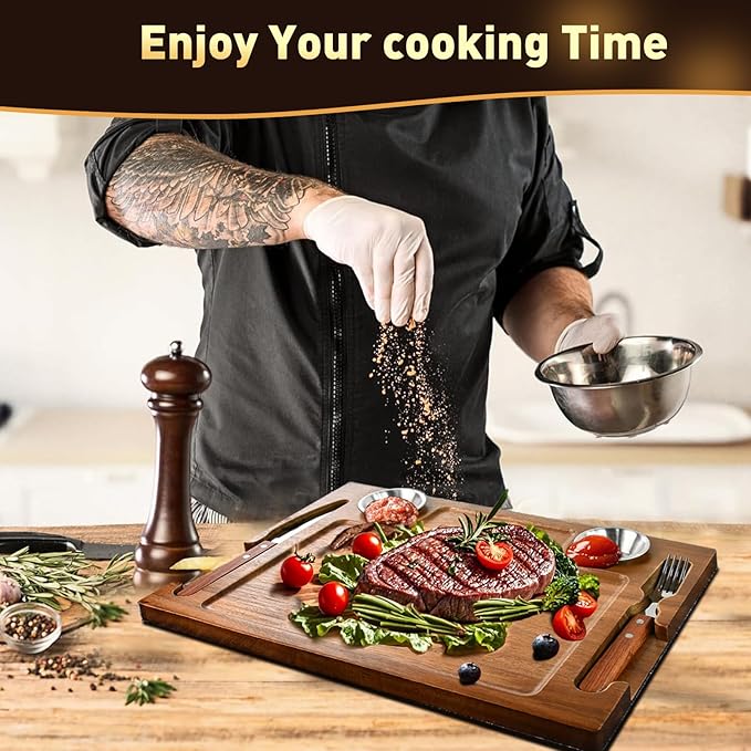 Acacia Wooden Steak Plates Board for Eating Set of 2,15.7" Meat Cutting Boards for Steak Food Serving Tray with Fork, Knife & Ramekins,Charcuterie Platter for Kitchen, BBQ & Entertaining