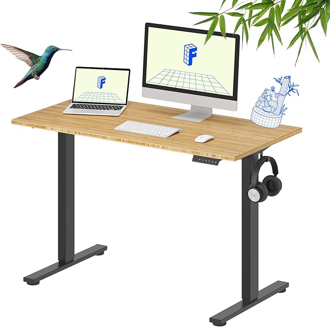 FLEXISPOT EN1 Bamboo Standing Desk, 48 x 24 Inches One-Piece Electric Adjustable Height Desk (Black Frame + Bamboo Top, 2 Packages)