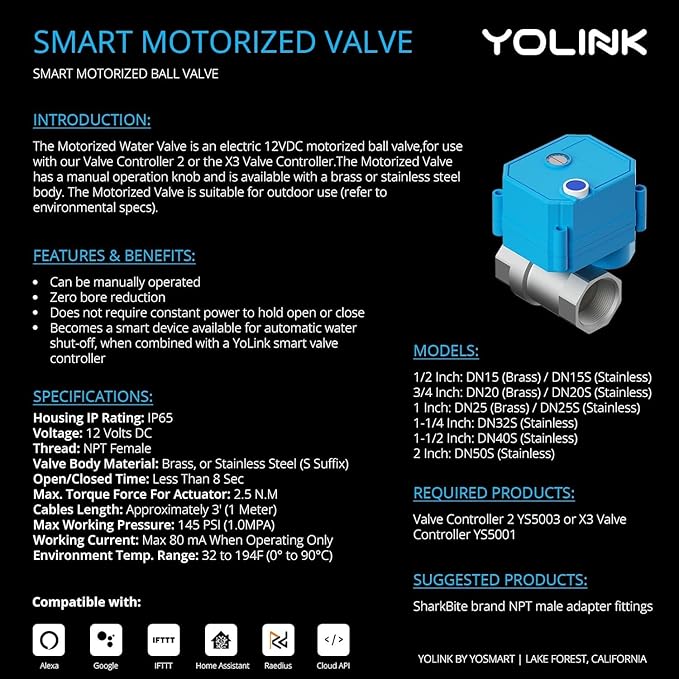 NSF Certified Pulse Meter + Shutoff Valve Kit, 1-1/2", FlowSmart Controller YS5006 Reads Meter Pulses, Real-Time Usage & Leak Detection, Auto Shutoff (D2D Offline), LoRa Long Range, Hub Included