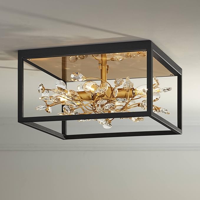 Possini Euro Design Carrine Modern Ceiling Light Flush-Mount Fixture 14 1/4" Wide Black Metal Gold Branches 4-Light Clear Crystal Buds for Bedroom Kitchen Living Room Hallway Bathroom House Home