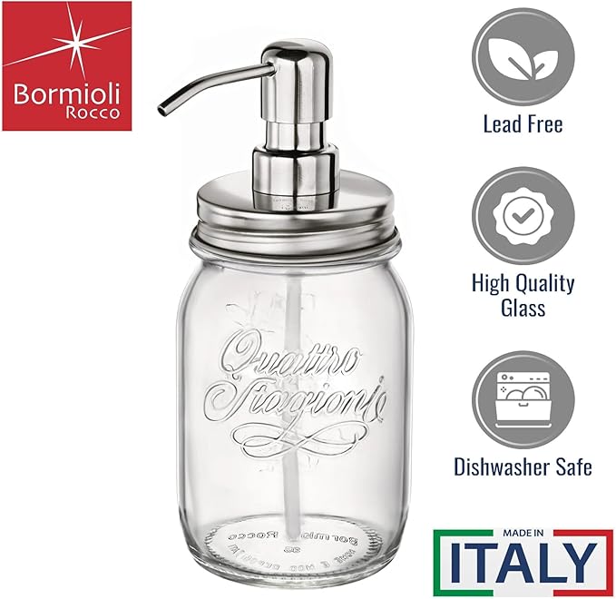 Bormioli Rocco I Genietti Soap Dispenser, Set of 2 - Quattro Stagioni Glass Bottles with 17 Oz Capacity, Reusable Pump Jars with Stainless Steel Multi-Function Tops - Bathroom or Kitchen Use