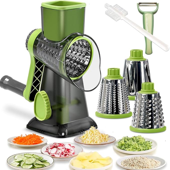 Rotary Cheese Grater Shredder with Handle Handheld Round Mandoline Vegetable Slicer Carrot Shredder Nut Grinder with 3 Replaceable Stainless Steel Drum Blades and Upgrade Strong Suction, Grey/Green