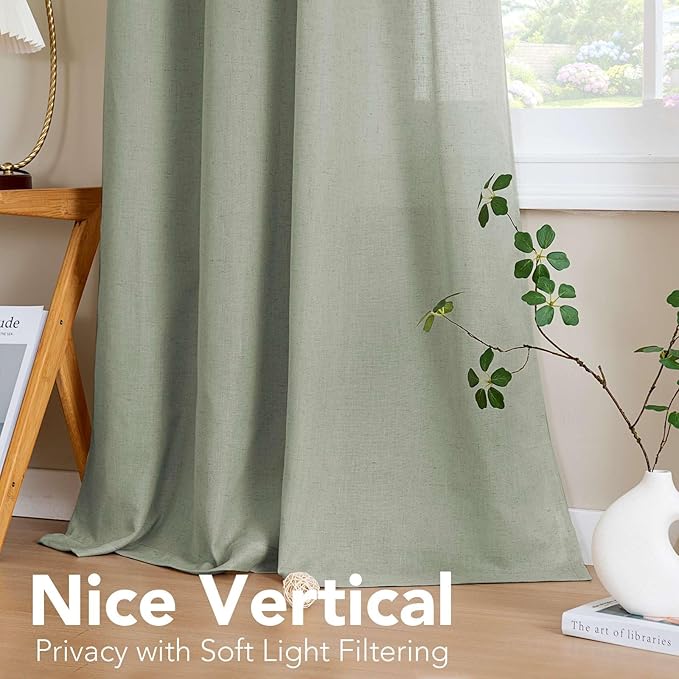 H.VERSAILTEX Living Room Linen Curtains - Semi Sheer, Nickel Grommet, Energy Saving, Light Filtering Window Treatments - Sea Grass, 2 Panels, 52 x 84 Inch