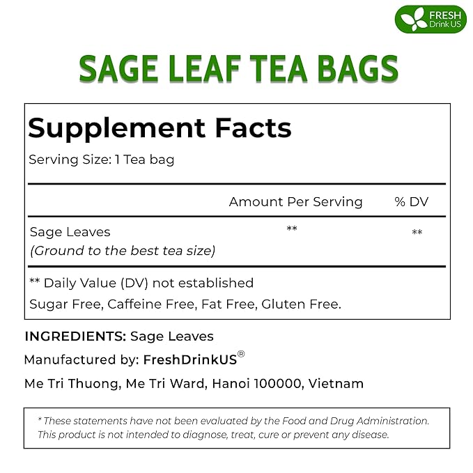 FreshDrinkUS, Premium 75 Sage Leaf Tea Bags, 100% Natural & Pure from Sage Leaves. Loose Leaf Herbal Tea. Made with Natural Material Tea Bags. No Sugar, No Caffeine, No Gluten, Vegan.