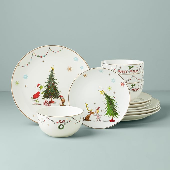 Lenox 895051 Merry Grinchmas 12-Piece Dinnerware Set, Green, 12 Count, Christmas, Holiday Hosting