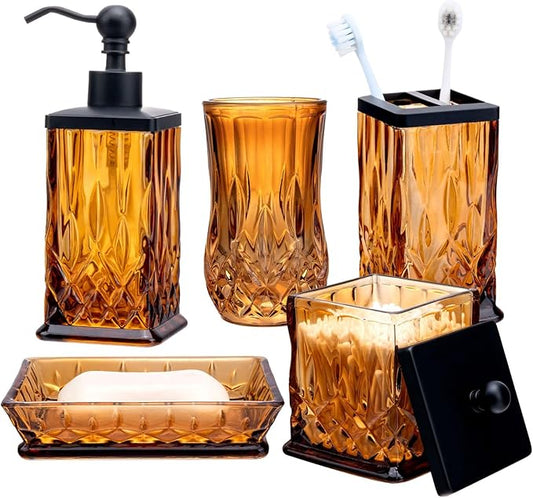 Bathroom Accessories Set,5 Pcs Amber Glass Bathroom Accessory Set,Complete Lotion Soap Dispenser,Toothbrush Holder,Soap Dish,Tumbler & Jar,Modern Bathroom Decor Sets,Gift for Home Apartment,Square