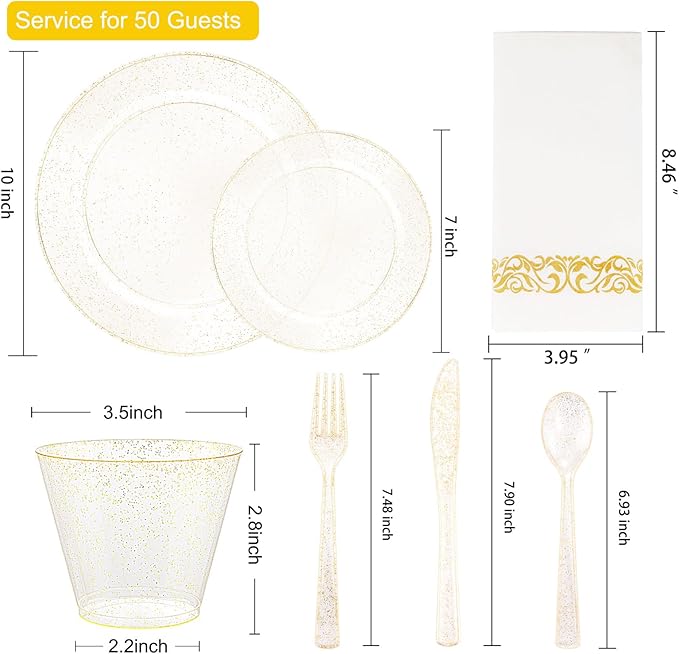 I00000 350 Pcs Gold Glitter Plastic Dinnerware Set for 50 Guests, Plastic Disposable Plates for Party, Include: 50 Dinner Plates,50 Dessert Plates,50 Paper Napkins, 50 Cups, 50 Silverware Set