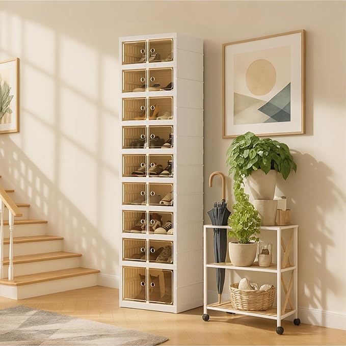 Foldable Shoe Organizer Storage Box Set of 2, Portable Extra Large Folding Shoe Rack for Closet, Shoe Storage Box with Magnetic Transparent Door and Wheels, 9 Layers 18 Grids with 2 Big Grids