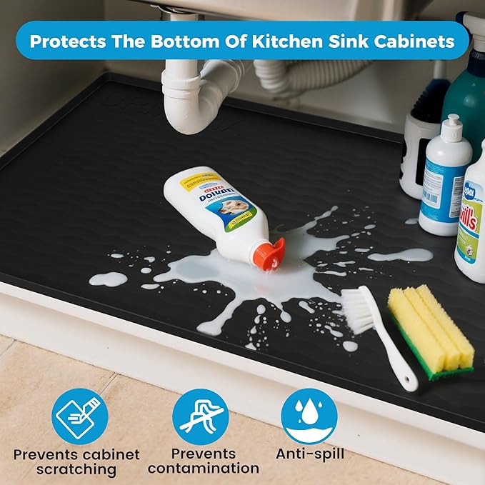URMONA 19'' x 12'' Waterproof Silicone Under Sink Mat Cabinet and Counter Protector, Shelf Liner for Kitchen and Bathroom, Storage and Organizers, Litter Mat, Pet Cat Puppy Essentials（White Sand）
