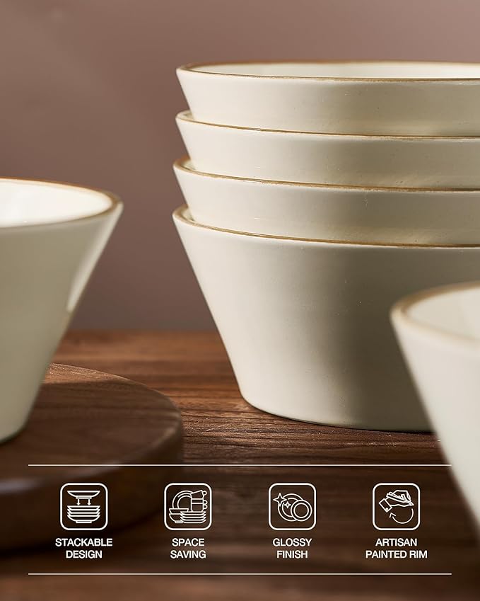 Famiware Saturn Plates and Bowls Dish Sets for 6 (18 Pieces), Stoneware Dinnerware Set with Hand-Painted Trim - Chip & Scratch Resistant, Microwave & Dishwasher Safe Ceramic Dishes, Vanilla White